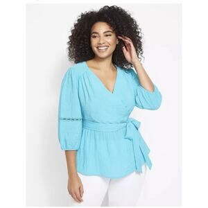 Lane Bryant Surplice-Neck Belted Top Cyan Blue Flowy Peplum Blouse Plus 24